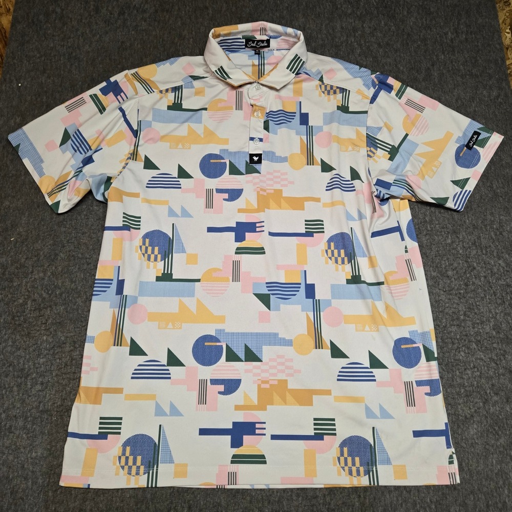 Bad Birdie Polo Shirt Mens XL White Abstract Geometric Golf Short Sleeve Stretch